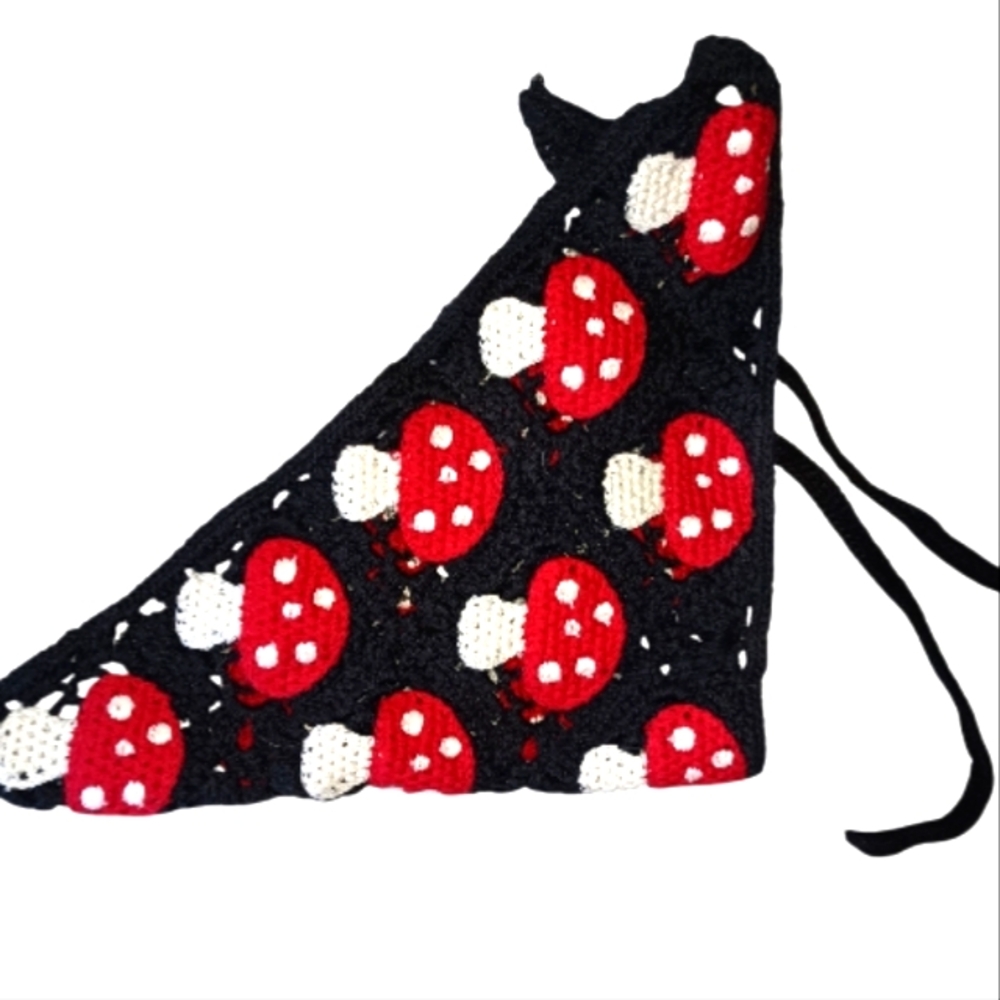 Black Crochet Mushroom Bandana Hat - Red & White Accent